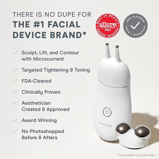 NuFACE TRINITY+ Microcurrent Facial Device + Effective Lip & Eye Attachment - FDA Cleared Skin Tightening & Face Toning Device for Targeted Treatment + Microcurrent Gel Activator, Silk Crème & Brush