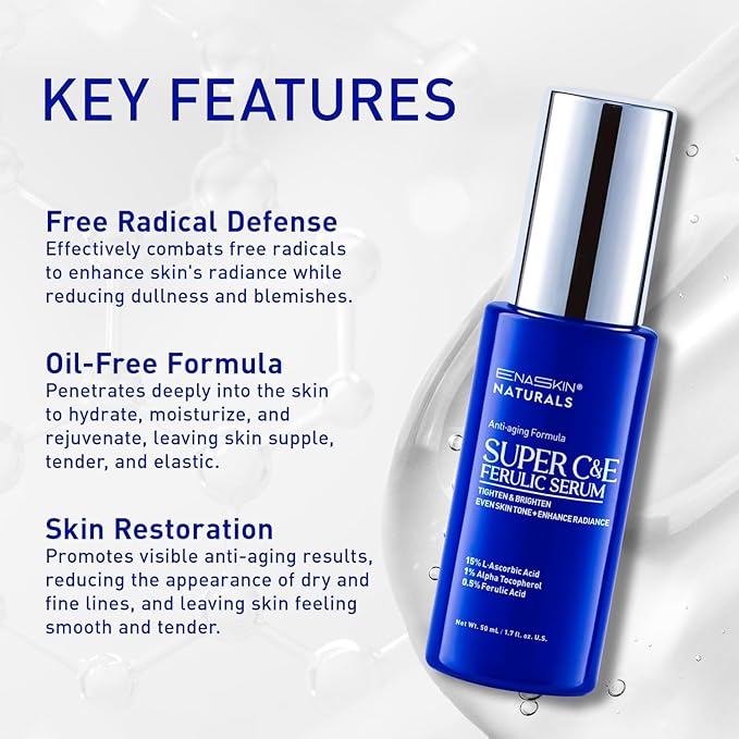 Super C Serum for Face: Enaskin Naturals Vitamin C Face Serum with Ferulic Acid for Women Mature Skin, Premium Formula Vit C Facial Serum for Brightening Dark Spots and Glowing up Skin - 1.7 Oz