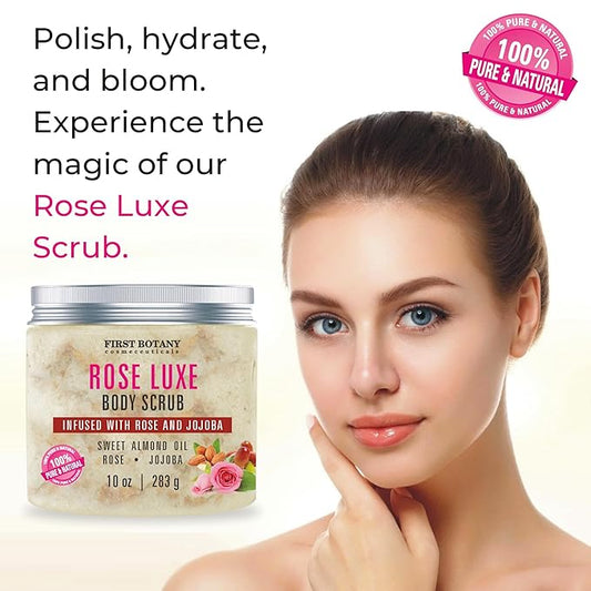 First Botany Body Scrub - Natural Exfoliating Salt Scrub & Body and Face Souffle helps with Moisturizing Skin, Acne, Cellulite, Dead Skin Scars, Wrinkles (10 fl oz, Rose)