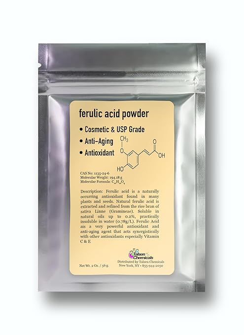 Ferulic Acid Powder Pure 99% Pure Cosmetic Grade Powder Pure Natural, DIY Skincare (2 Oz / 56 Grams), by Talsen Chemicals