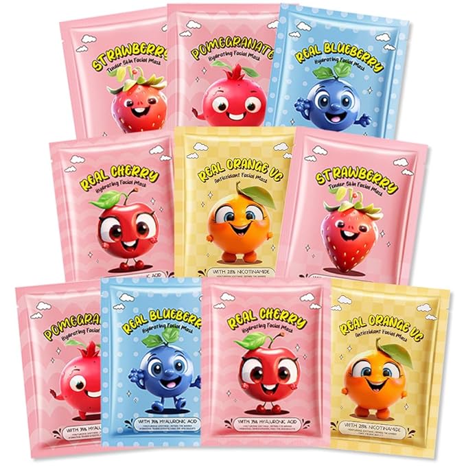 Kaely 10 Pack Fruit Face Masks for Kids, Kids Face Mask Spa Day kit Supplies, Spa Party Favors for Teens Girls Women, Sheet Facial Mask Skincare Gifts Set, Moisturize Soothe for All Skin Types, 03