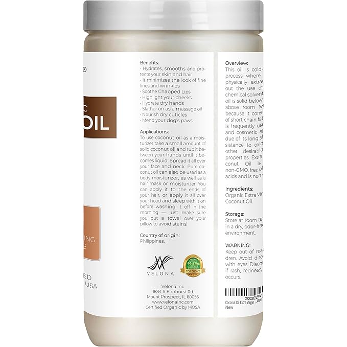 Velona USDA Certified Organic Coconut Oil Extra Virgin - 64 fl oz | Food and Cosmetic Grade | in jar | Extra Virgin, Cold Pressed