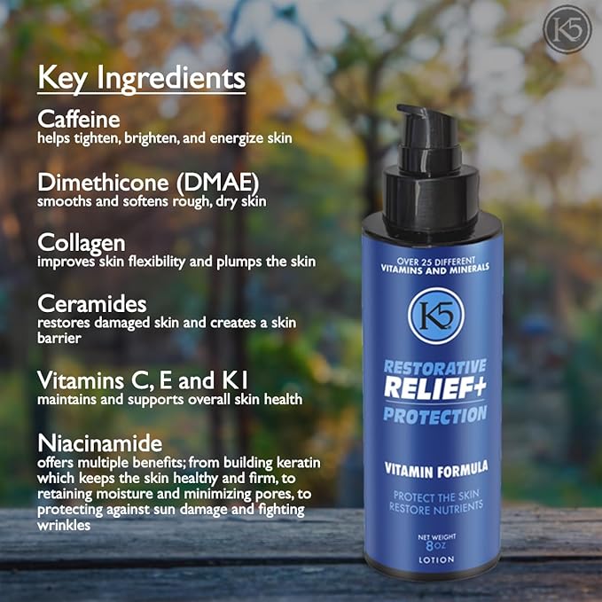 K5 Restorative Relief+ Protection – Age-Defying, Moisturizing Cream – Made in USA – Vitamins, Collagen and Niacinamide, 8oz