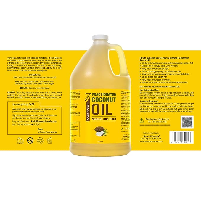 Seven Minerals Pure Fractionated Coconut Oil - 1 Gallon - Non-GMO, 100% Natural, Lightweight Massage Oil for Therapy on Skin, Hair, More - Perfect Bulk Carrier Oil for Essential Oils (128 fl oz)