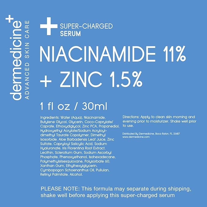 Niacinamide 11% + Zinc 1.5% Super Charged Serum | May Help Improve The Appearance of Pores, Skin Texture, Fine Lines & Dark Spots for a More Clear & Radiant Complexion | 1 fl oz / 30 ml