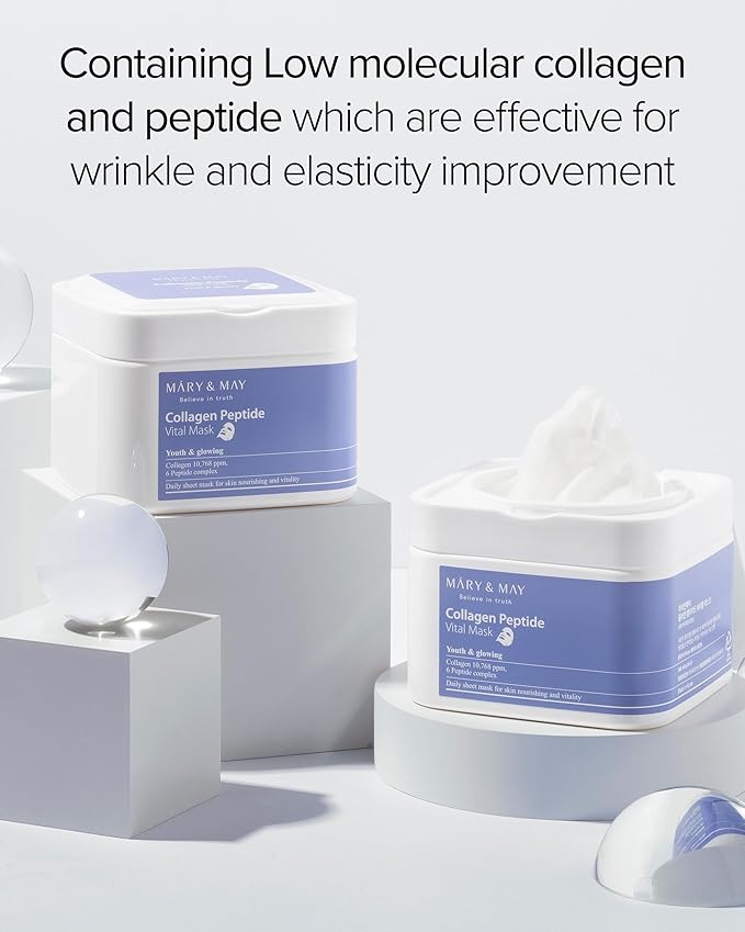 Mary&May Collagen Peptide Vital Mask - Daily Pull-Out Sheet Mask for Wrinkle Improvement, Firming, and Elasticity with Low Molecular Collagen - Korean Skincare, Hypoallergenic Formula, 30 Sheets