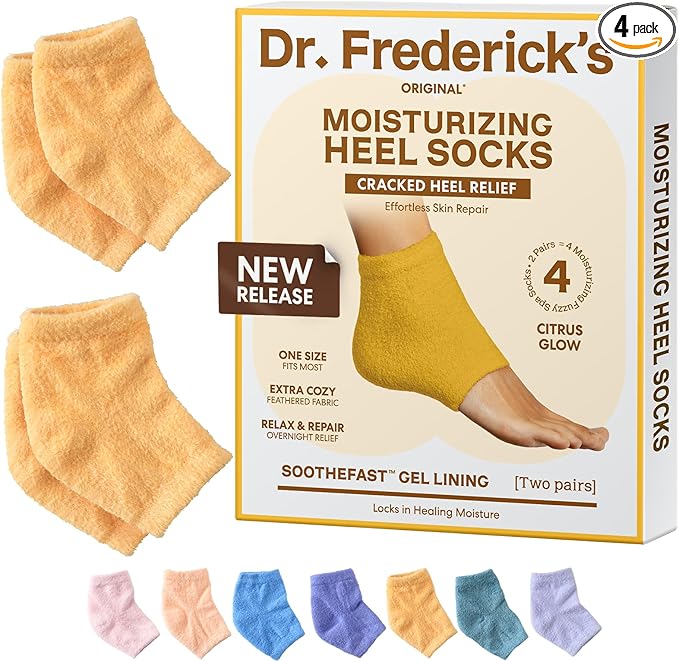 Dr. Frederick's Original Moisturizing Fuzzy Heel Socks - 2 Pairs - Cozy Gel-Lined Sleep Socks for Women & Men - Soothes Dry, Cracked Feet - Heel Repair - Citrus Glow
