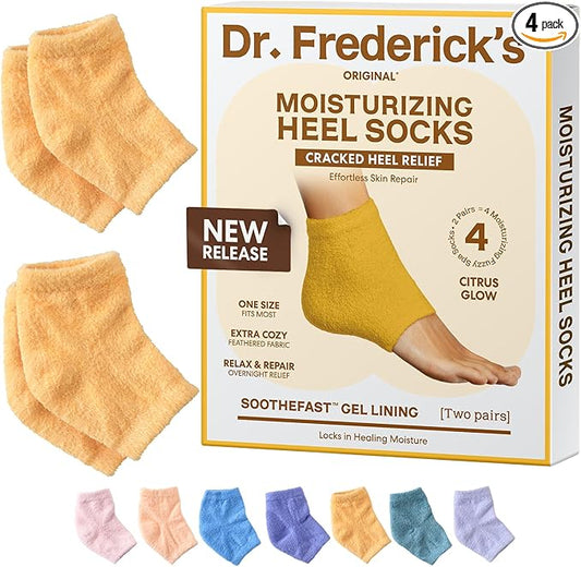 Dr. Frederick's Original Moisturizing Fuzzy Heel Socks - 2 Pairs - Cozy Gel-Lined Sleep Socks for Women & Men - Soothes Dry, Cracked Feet - Heel Repair - Citrus Glow