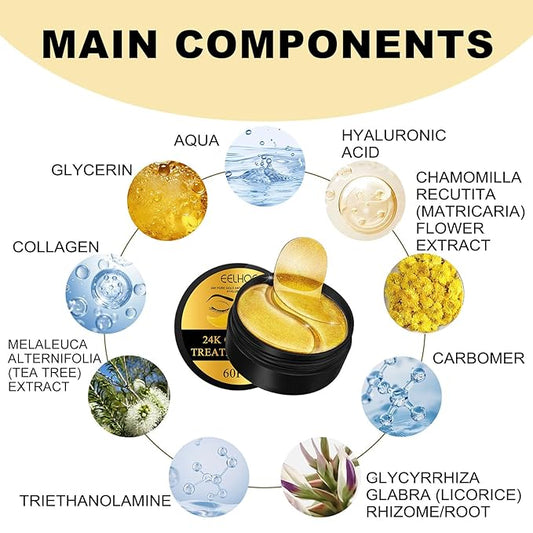 24K Gold Under Eye Patches - Hydrating Anti-Wrinkle Masks with Hyaluronic Acid, Vitamin C - Reduce Dark Circles, Puffiness - Firming, Brightening Treatment - 60PCS - All Skin Types