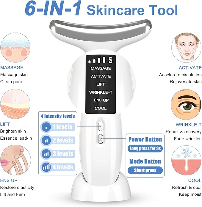 Red-Light-Therapy-for-Face and Neck, Anti-Aging Facial and Neck Massager, Soothing and Relaxing Face Massager Device with 4 Color LED Therapy, Vibration and Thermal Functions for Skin Care (White)