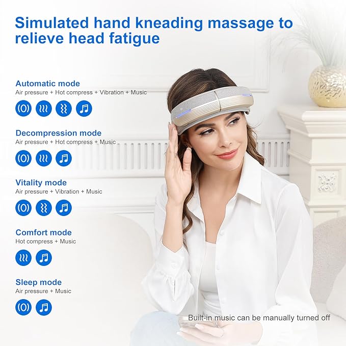 Portable Electric Head Massager, 5 Modes with Heat & Bluetooth, Deep Relaxation for Fatigue, Stress, and Sleep