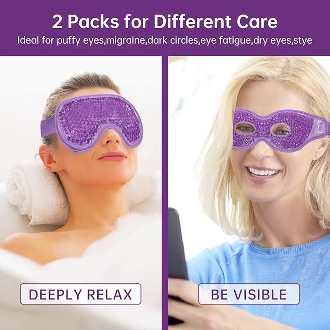 Ice Pack for Eyes - 2 Pcs Reusable Hot Cold Compress Gel Bead Cooling Mask for Puffiness, Dark Circles, Bags, Dry Eyes, Headaches, Migraines, Stress Relief (Purple)
