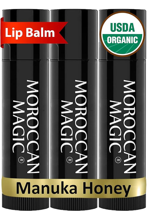 Moroccan Magic Organic Manuka Honey Lip Balm 3 Pack | Made with Natural Cold Pressed Argan and Essential Oils Lip Balm | Smooth Application