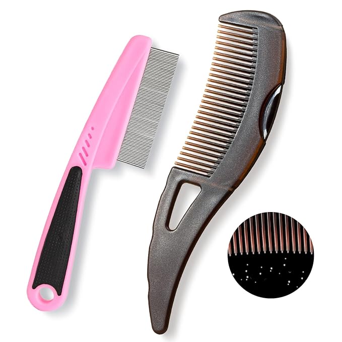 Dandruff Comb, Stainless Steel Fine Tooth Lice/Flea/Psoriasis Comb, Scalp Oil Buildup Removal Wide Hollow Tooth Button Hairbrush for Scalp Massage Care for Man Women and Kids, Set of 2 (Pink)