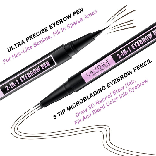 LAVONE Eyebrow Pencil, 2-In-1 Waterproof Eyebrow Pen, with 3 Tip Microblading Eyebrow Pen and Ultra-Precise Brow Pencil, Dual-ended Eyebrow Brush, for Eyebrow Makeup - Ebony