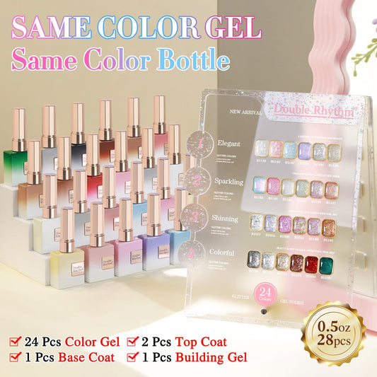 Double Rhythm 28Pcs 0.5Oz Glitter Gel Nail Polish Set Same Color Same Bottle Soak Off Kit Nail Art Manicure Salon DIY at Home (Sparkle Pearl Shimmer Collection-T24-9)