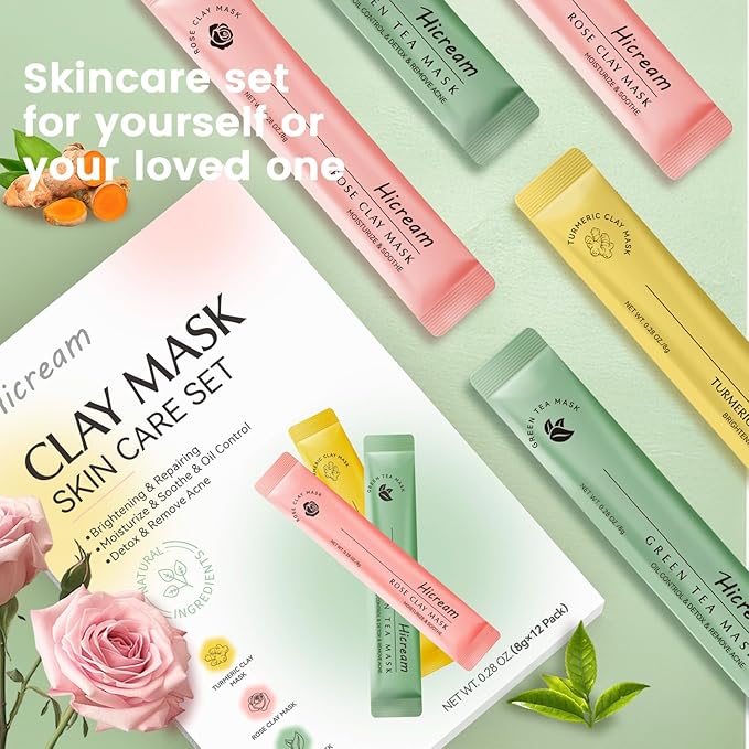 Turmeric Clay Mask, Rose Face Mask & Green Tea Mud Mask 12 PCS - Spa Facial Mask Set Gift for Women & Men, Skin Care Set for Deep Cleansing, Moisturizing, and Refining Pores