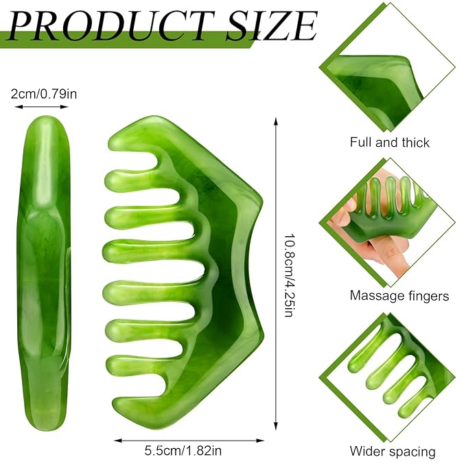 Geiserailie 2 Pieces Jade Combs Massage Stone Hair Gua Sha Scraping Scalp Comb Facial Massage Tool Multifunctional Handheld Head Tools Head Caring Therapy Mother's Day Gift (Dark Green Style)