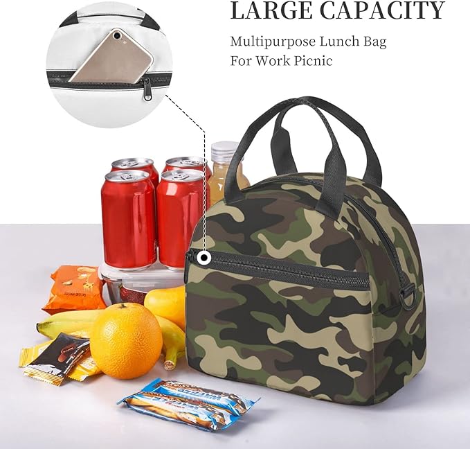 bassyil Camo Insulated Lunch Bag Reusable Lunch Box With Adjustable Shoulder Strap Cooler Tote Bag For Men Women