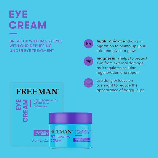Freeman Eye Cream, Moisturizing Under Eye Cream For Dull & Tired Eyes, Brightens & Depuffs Undereye Skin, Helps Dark Circles, Infused With Magnesium & Hyaluronic Acid, 0.5 fl.oz./ 15 mL Jar