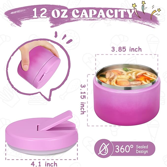 12oz Kids Soup Thermo for Hot Food Insulated Vacuum Food Jar with Buckle Lid, Stainless Steel Wide Mouth Leak Proof Lunch Container for School Travel 1 Pack