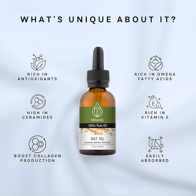 Teliaoils Oat Oil – Avena Sativa Kernel Oil – 100% Pure, Non-GMO, Vegan, Cold-Pressed, Soothing and Hydrating for Natural Skin and Hair Care 1 fl oz