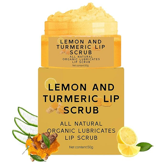 Natural Lip Scrub, Turmeric Lemon Lip Exfoliator Nourishing Sugar Lip Scrub with Aloe Vera Gentle Exfoliant for Dry and Chapped Lips Hydrates & Fade Lip Lines 50g