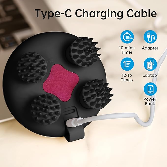 COMFIER Head Massager,Scalp Massage Hair Growth with 3 kneading Modes,Waterproof Body Massager for Stress Relief, Cat Massage(Black)