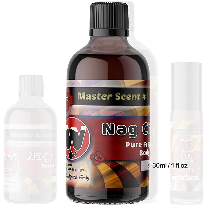 WagsMarket - Nag Champa Perfume Oil & Patchouli Essential Oil, Nag Chouli Essential Perfume Oil, Choose from Roll On to 0.33oz - 4oz Glass Bottle (1oz Glass Bottle)