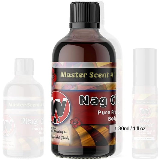 WagsMarket - Nag Champa Perfume Oil & Patchouli Essential Oil, Nag Chouli Essential Perfume Oil, Choose from Roll On to 0.33oz - 4oz Glass Bottle (1oz Glass Bottle)