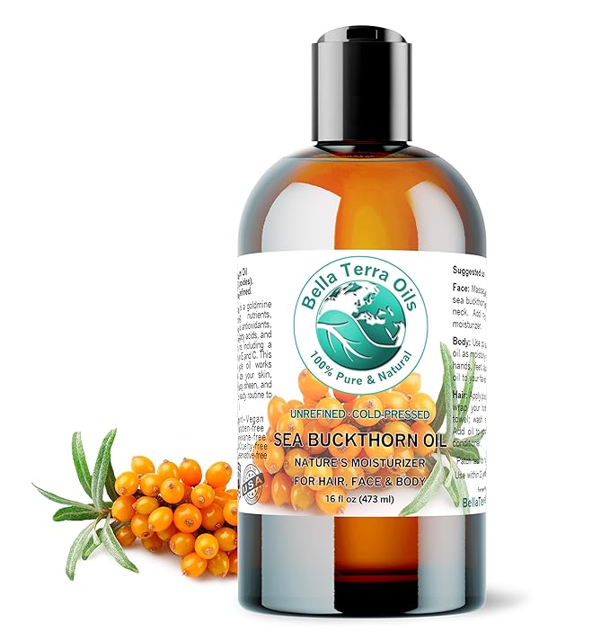 Bella Terra Oils - Sea Buckthorn Oil 16 oz - Capturing the Essence of Organic Sea Buckthorn Berries, Loaded with Omega-7 & Omega-9, A Sumptuous Embrace for Skin