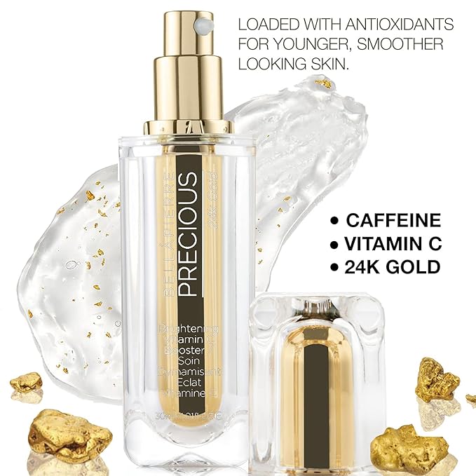 Bellapierre Precious 24k Gold Serum & Brightening Vitamin C Booster for Face & Eyes | All Natural Formula with Caffeine to Brighten & Rejuvenate Dull Skin - 30ml
