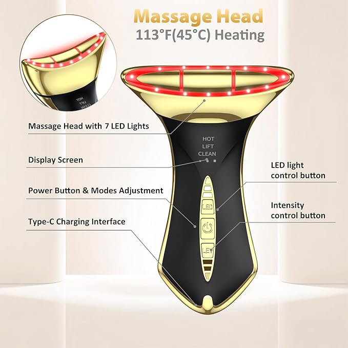 Neck and Face Sculptor with 7-in-1 Led for Skin Care,Water Resistant True Beauty Glow Facial Massager (Black-Gold)