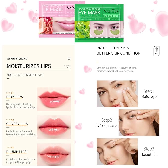 30 PCS Eye Masks & Lip Mask,Under Eye Patches for Reducing Fine Lines and Dark Circles,Gel Crystal Lip Care Pads Mask Bulk for Moisturizing, Spa or Wrinkles Patches for Women Mother's Day Gifts