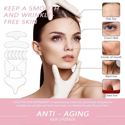 Medical Grade Silicone Anti-Aging Patches Set, 11 Pieces, Face and Neck Wrinkle Treatment Pads for Forehead, Eyes, Cheeks, Chest
