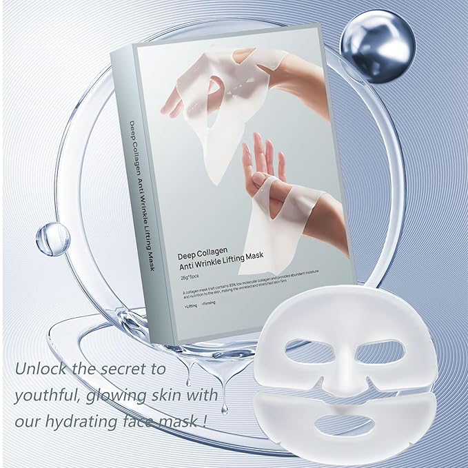 5 Pcs Collagen Sheet Mask, Glass Skin Deep Hydrating Face Masks, Overynight Face Mask for All Skin Types Face Tightening Firming and Moisturizing, Anti Wrinkle Collagen Real Deep Mask for Woman