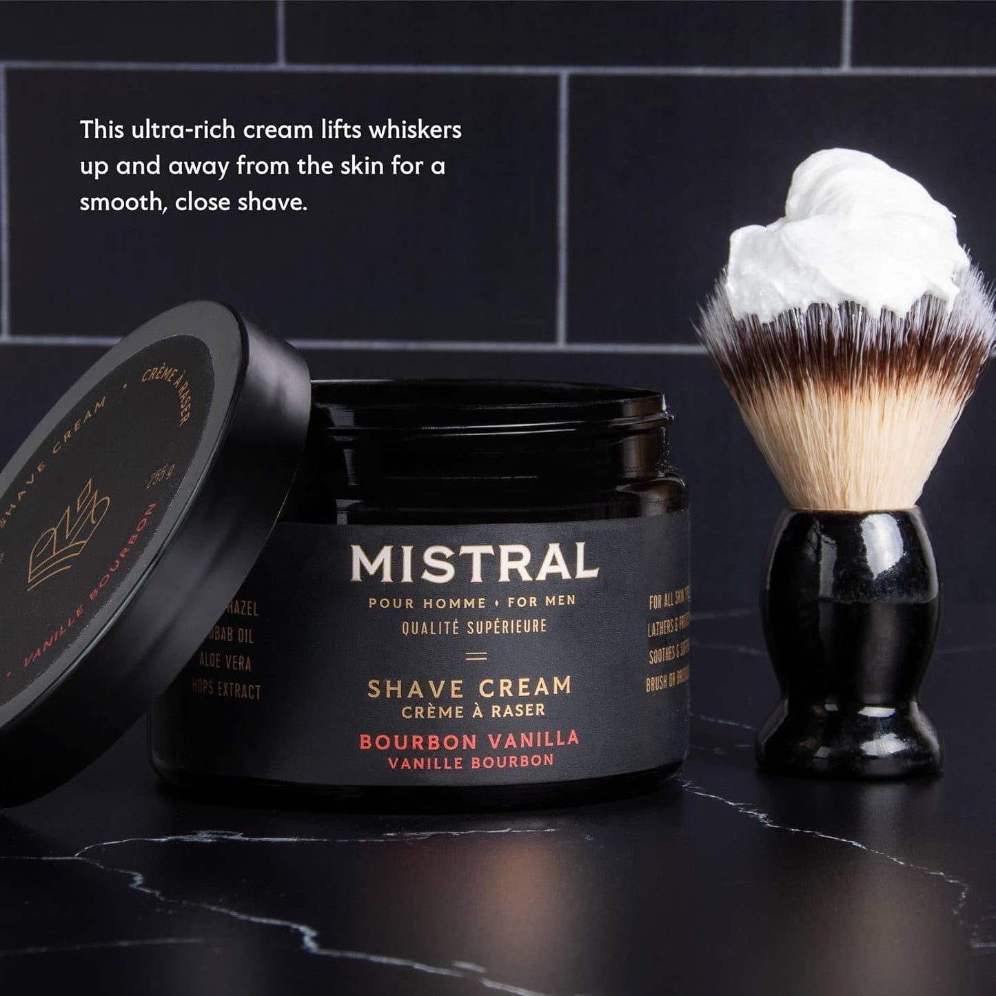 Mistral Bourbon Vanilla Shaving Cream for Men | Smooth Triple Layered Foam | Men’s Shave Cream with Organic Plant Extracts | pH-balanced, Phthalates & Paraben-Free | Made in USA. 9oz Tub