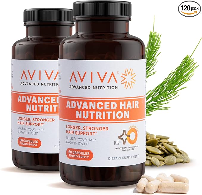 Aviva Advanced Hair Nutrition Hair Growth Vitamins – 120 Capsules Hair Vitamins Dietary Supplement for Thicker, Fuller Hair – Biotin 5000mcg with 18 Essential Oils and Nutrients