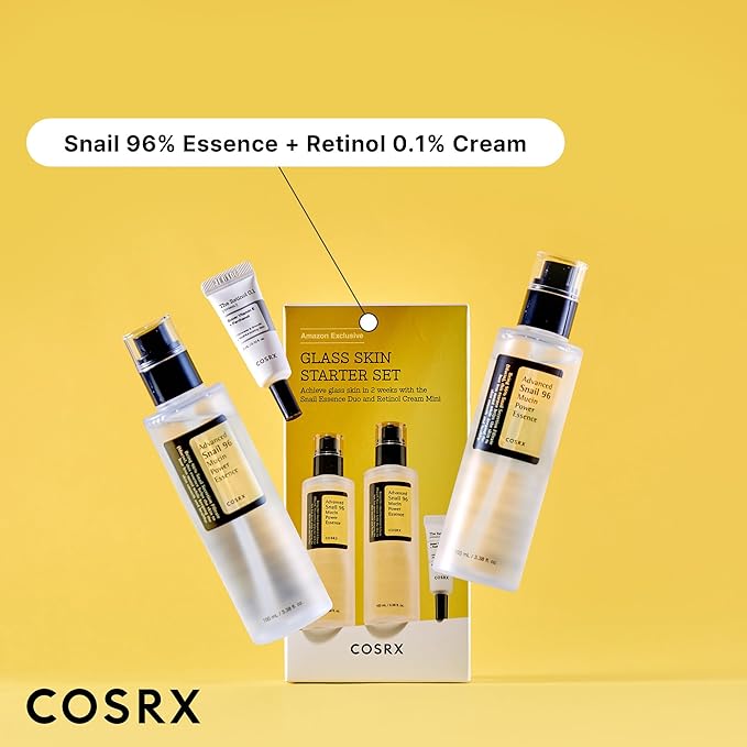 COSRX Glass Skin Starter Set, Amazon Exclusive, Advanced Snail 96% Mucin Power Essence & Retinol 0.1% Cream Mini Sample, Daily Hydrating & Firming Korean Skin Care Kit, Gift Set