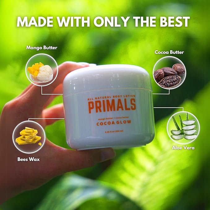 PRIMALS All Natural Body Lotion - Cocoa Butter & Mango Butter - 100% Naturally Derived Ingredients - Alcohol Free, Artificial Fragrance Free, Paraben Free, Petroleum Derivative Free - 8.45 oz