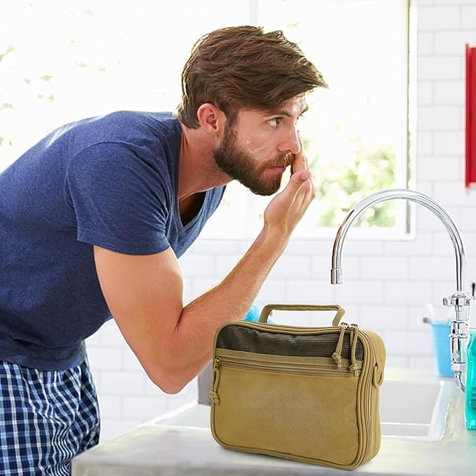 SMONT Toiletry Bag for Men Travel Toiletry Organizer Dopp Kit Organizer Toiletries Travel Bag Shaving Hygiene Bag Bathroom Hanging Men's Toiletry Bag for Short Trips Khaki