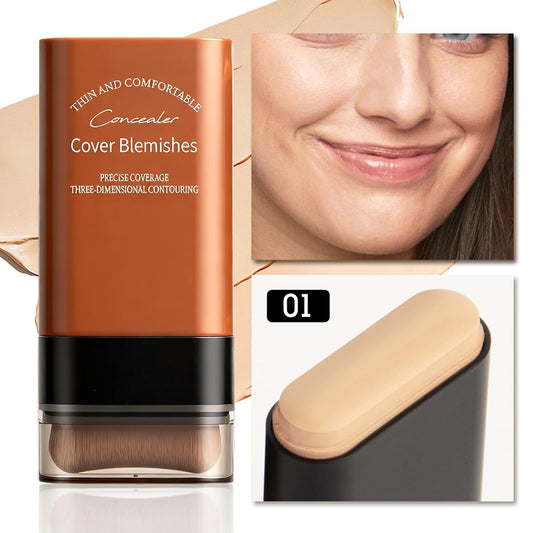Face Foundation Concealer Stick,2-in-1 Long-wear Lightweight Contour Brighten Stick Blemish with Brush, Waterproof, Hydrating Full Coverage Dark Circles & Blemishes(01#Ivory White)