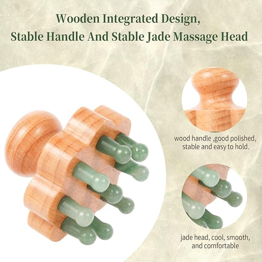 Natual Jade Massage Head, with Wooden Hander Comb,for Scalp Massager, Head Ficial, Body Acupressure Tool,gua sha Scraping, Relieve Fatigue,Stress Relax Device,for Hair Growth (Green)