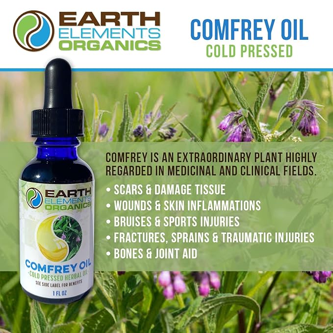 Organic Comfrey Oil Raw, Infused, Pressed Herbal Remedy, Comfrey Leaf, Sunflower Seed 1fl. oz.