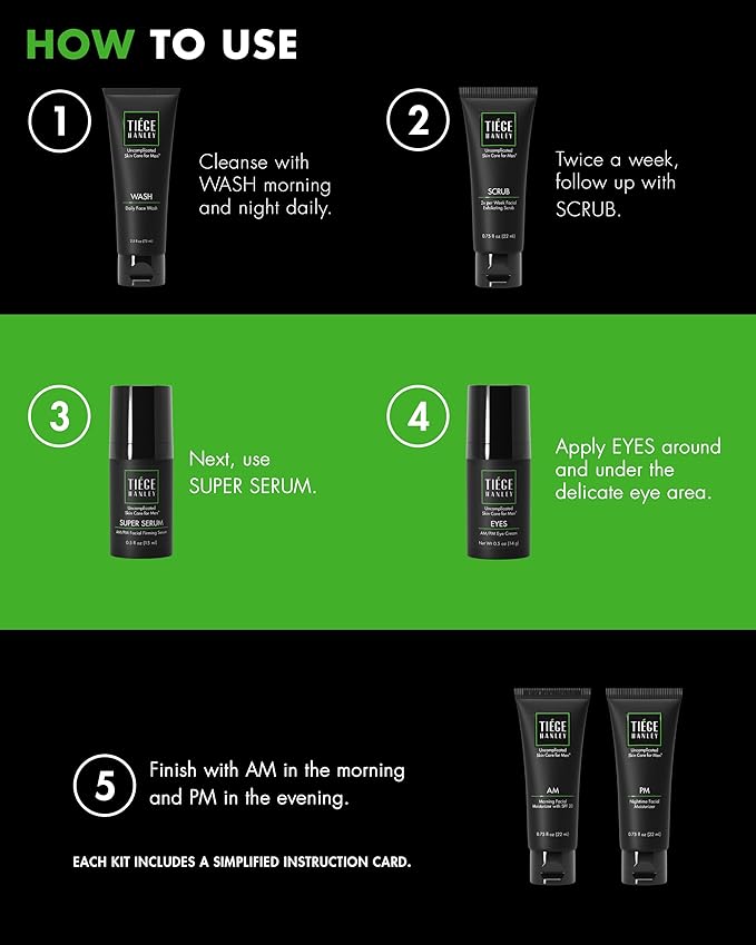 Tiege Hanley Men’s Skin Care Set, Anti-Aging Routine (System Level 3) – Face Wash, Scrub, Moisturizer, Eye Cream & Serum for Wrinkle Defense, Firm Skin & Long-Term Anti-Aging Protection