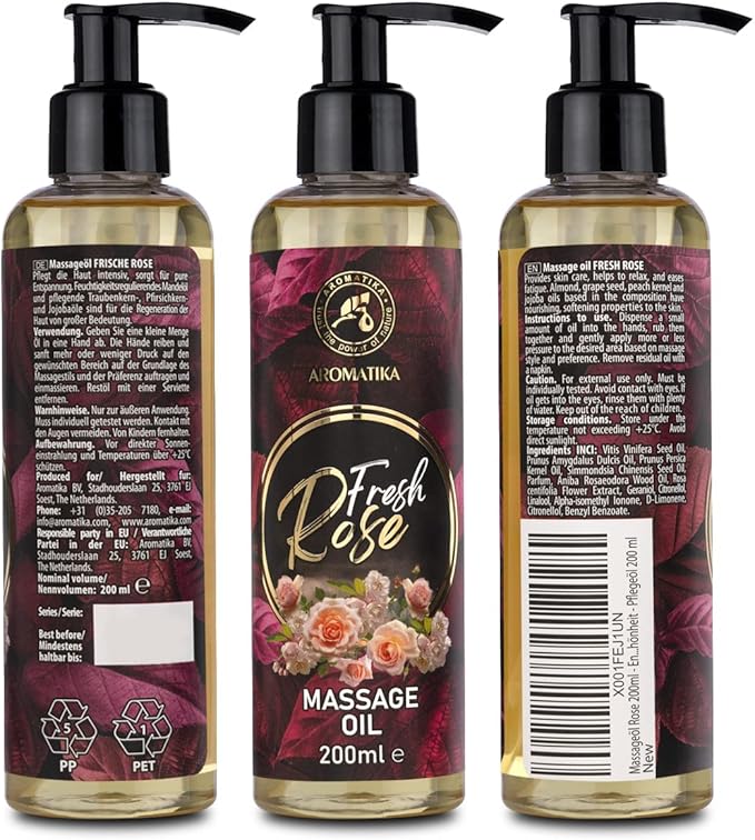Massage Oil Rose 6.8 Fl Oz (200ml) - Body Oil with Rosewood - Jojoba - Almond - Grapeseed - Peach Kernel Oils & Rose Extract - Aromatherapy Massage Oil - Rose Oil - Good Sleep - Foot Care