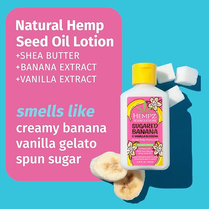 Hempz Mini Sugared Banana & Vanilla Blossom Body Lotion, Ultra Hydrating Moisturizer for men and women, 2.25 oz