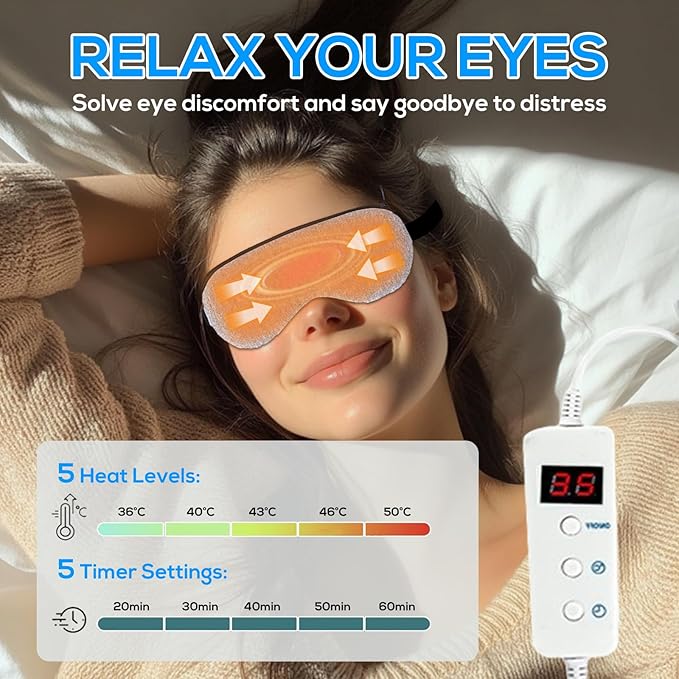Heated Eye Mask for Dry Eyes, 5-Speed Timed Temperature Control, Digital Countdown, Warm Eye Compresses, Relieves Dry Eye Problem