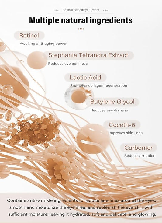 Retinol Repair Eye Cream，Reduces the appearance of dark circles，Stretch wrinkles at the corners of the eyes，moisturize and improve eye bags，Suitable for all skin types，1.05oz（2pcs）