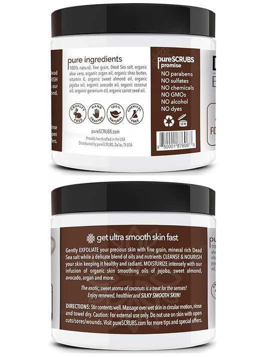 pureSCRUBS Premium Coconut Body Scrub Set - Large 16oz Dead Sea Salt Body Scrub With Infused Essential Oils & Nutrients, Includes Wooden Spoon, Loofah & Oatmeal Exfoliating Bar Soap